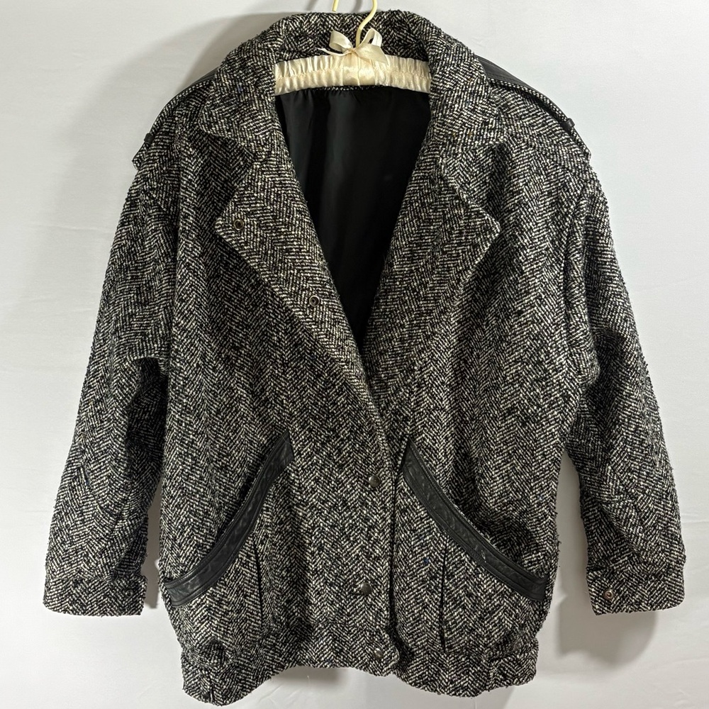 Vintage Anne-Gee Black & White Coat with Leather Trim